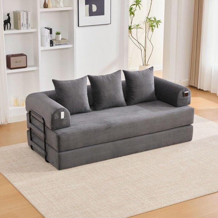 Canapé‑lit modulable - LANGTU - Modulaire Convertible - Velours côtelé gris foncé - Cadre métal - 3 places (200 cm)