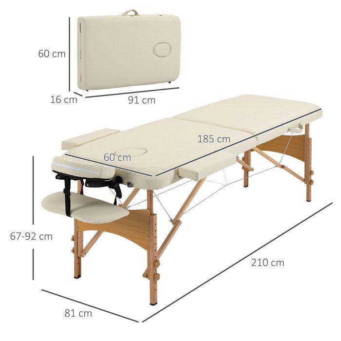 Table de massage - HOMCOM - pliable cosmétique portable 2 zones hauteur réglable mobilier - bois - crème