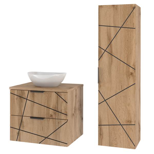 Zestaw Łazienkowy 60cm Szafka z Blatem Umywalka Słupek Dąb Wotan Wood