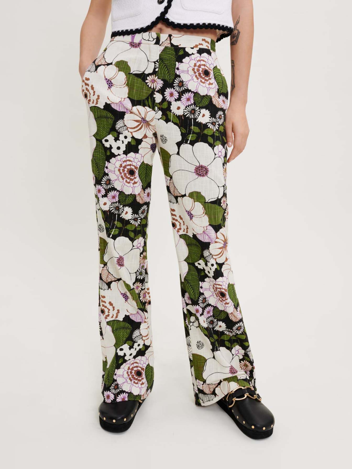 Pantaloni cu imprimeu floral anii șaptezeci - Fleur 70's noir