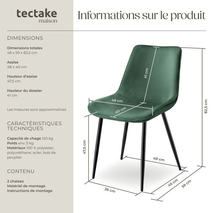Chaises - TECTAKE - Lot de 2 fauteuils MONROE rembourrés aspect velours assise ergonomique et pieds en acier noir - Vert Foncé