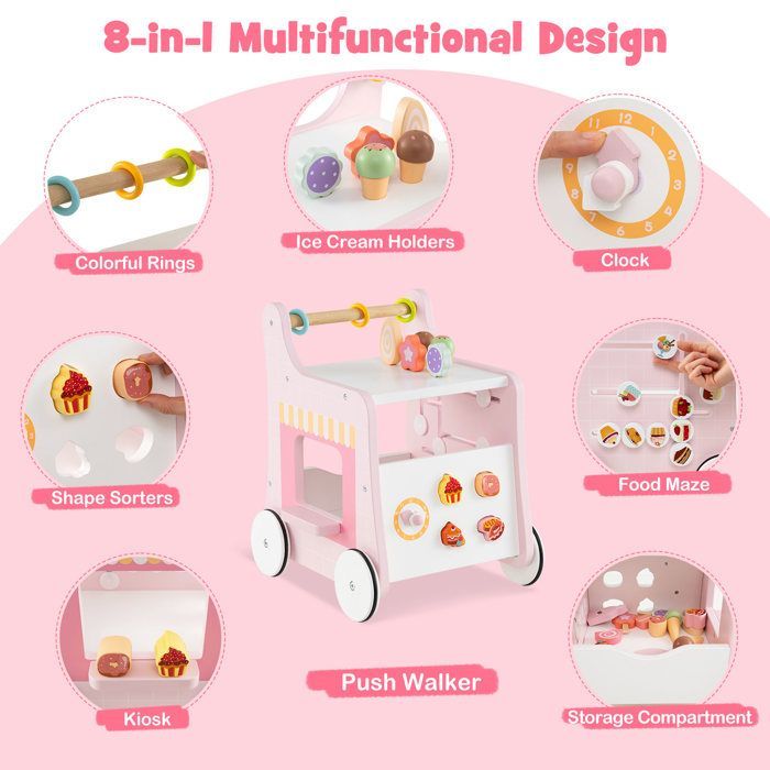 LIFEZEAL Trotteur Bebe Evolutif en Bois 1+ Ans, Chariot de Marche Bébé avec Roues et Accessoires Adorables, Compartiment, Rose