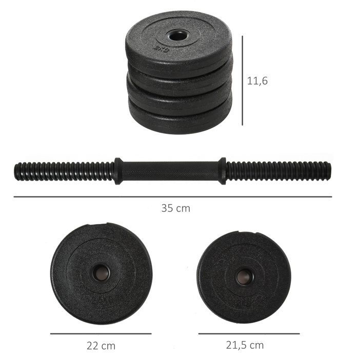 Juego de mancuernas - HOMCOM - Total 20 kg, pares de mancuernas, barras de peso ajustables - Acero HDPE - Negro