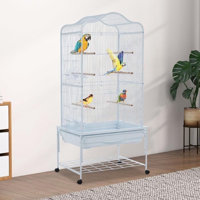 AVIARIO - JAULA PARA PÁJAROS - JUGUETES S - 64×54×138 cm - BLANCO - Metal - con comedero y perchas