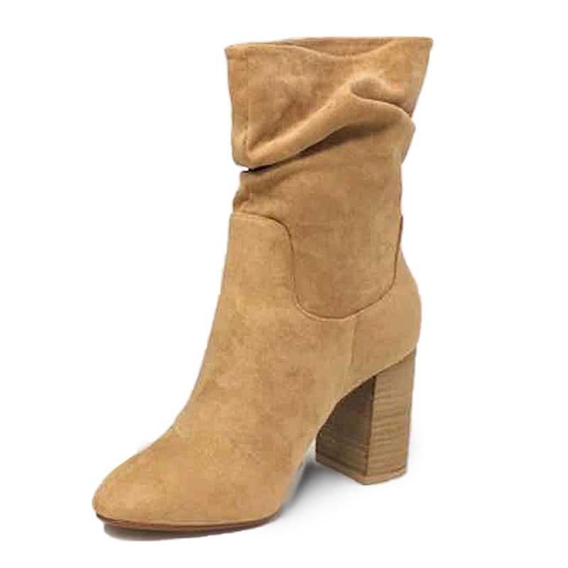 Bottes mi-mollet plissées pour femme, talon carré, en daim léopard, coloris blanc, noir et marron, idéales pour l'automne et l'hiver.
