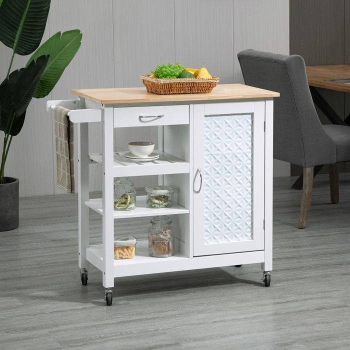 Rolling kitchen trolley - HOMCOM - contemporary kitchen service cart with drawer, 3 shelves - wood - white