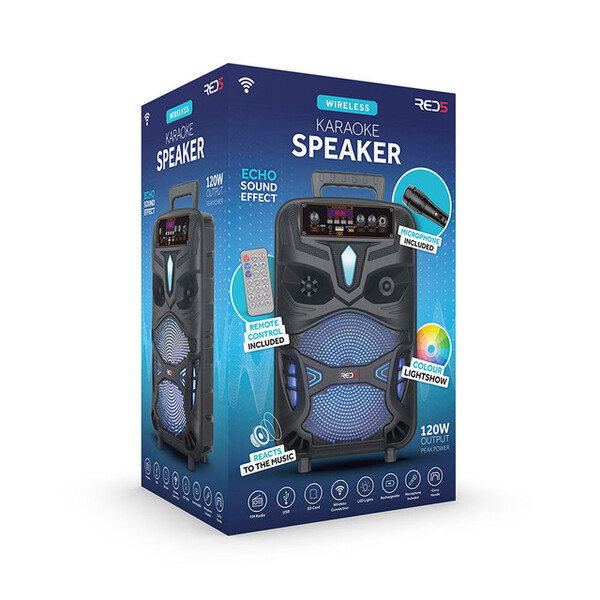 Caixa de som RED5 Bluetooth para karaokê com microfone.