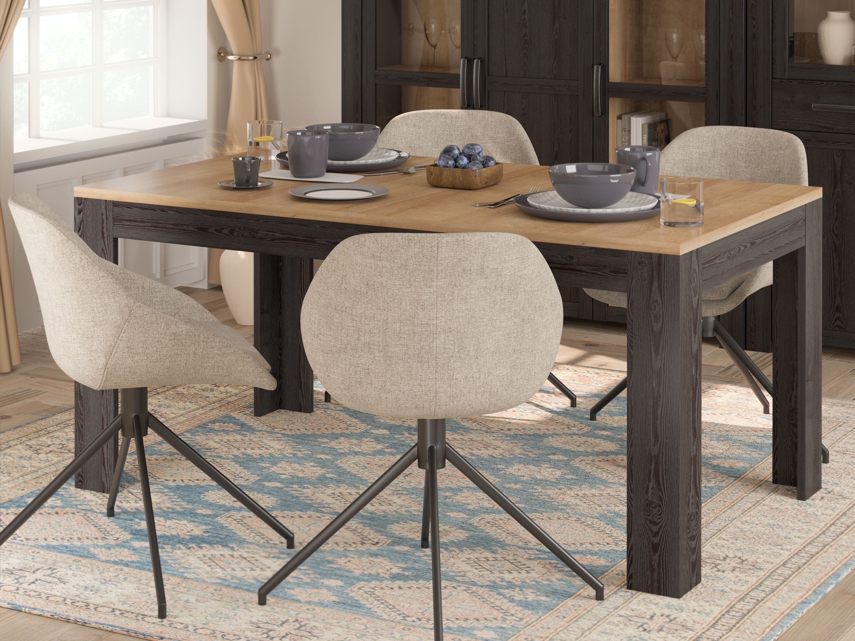Table à manger extensible BOHOL – Noir & Bois – 8 personnes – Extension L 160 à 206,6 × P 90,2 × H 78,2 cm