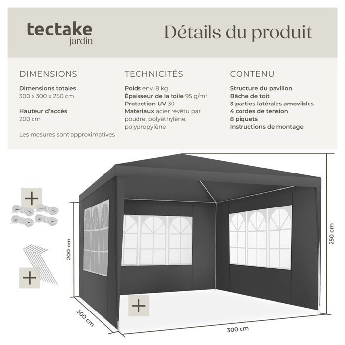 Tonnelle - TECTAKE - Pavillon BARINAS en polyéthylène et en acier 300 x 300 x 250 cm - Gris