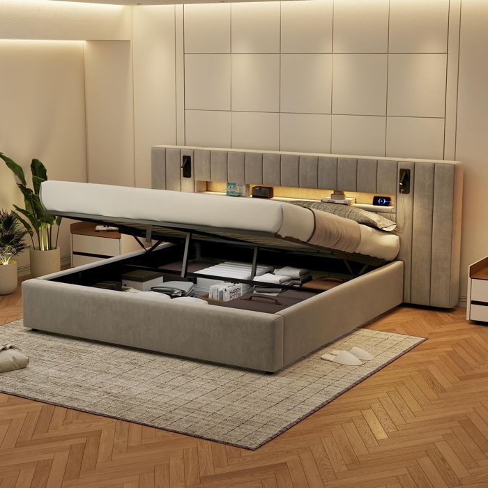 EVRYAE 180x200 cm Polsterbett mit Stauraum in grauem Samt, elegantes und funktionales Design