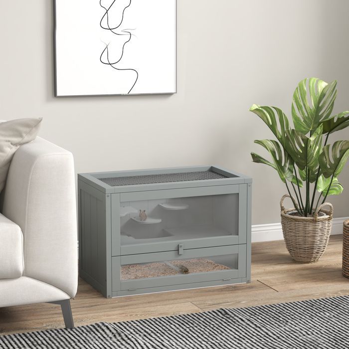 Cage pour hamsters - PawHut - multi-équipements rampe plateformes toit ouvrant grillagé porte - pour souris petits rongeurs - gris