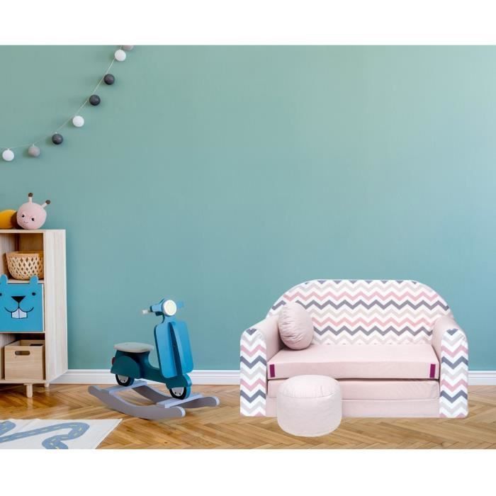 Sofá-cama infantil conversível NINO com pufe e almofada - Zigzag rosa