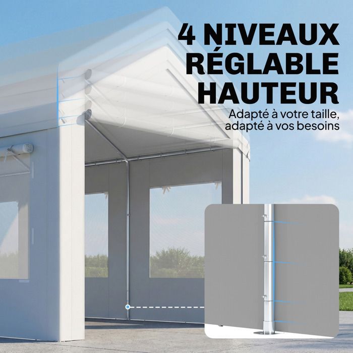 Cochera Outsunny con protección UV30+, altura regulable, 6 ventanas y mosquitera, acero galvanizado, 3x6m, color blanco.