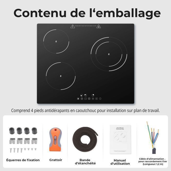 Plaque Vitrocéramique 3 Foyers Encastrable,Plaque de Cuisson,Table de Cuisson 59 cm, 5200W, 9 Niveaux de Puissance, Minuteur Intégré