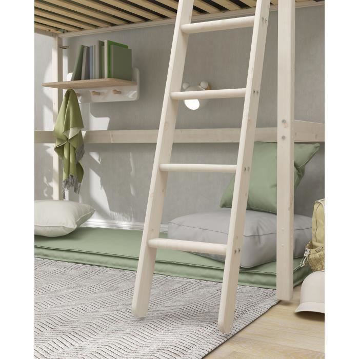 Cama alta infantil - ERIKA - Pino macizo blanqueado - Base de láminas incluida - 90 x 190 cm