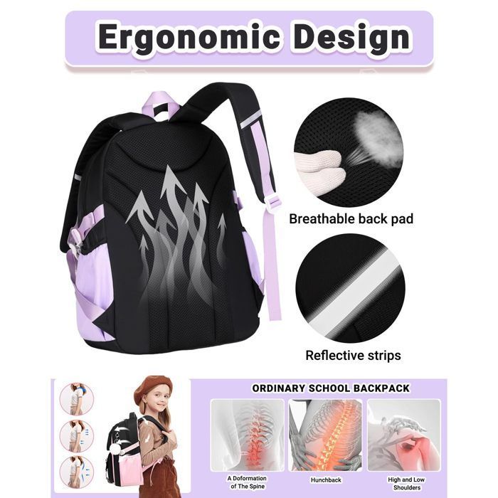 Zaino scolastico da bambina, scuola primaria, 20 litri, ergonomico, impermeabile, adatto a bambine dai 7 ai 10 anni - Nero