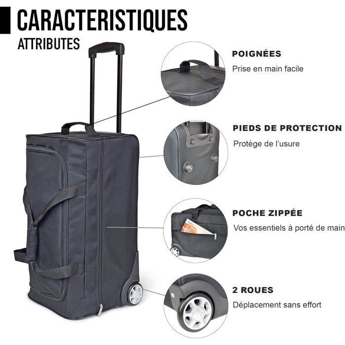 Sac de Voyage Trolley Noir - Grand sac à roulettes, canne télescopique, compartiment spacieux, poche zippée, idéal week-end