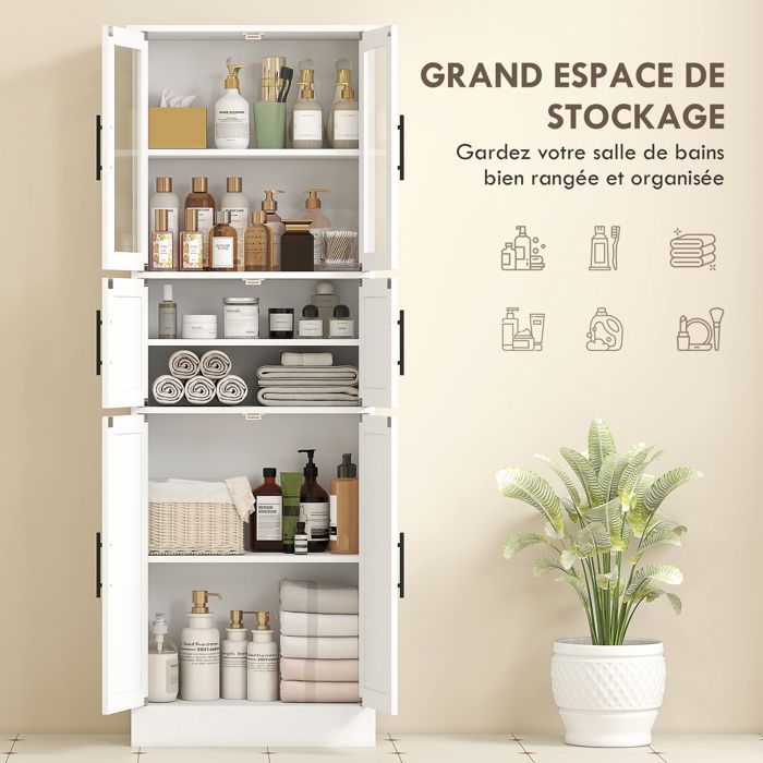 Badkamerkast - HOMCOM - 6 planken - 6 deuren, waarvan 2 van glas, verstelbare planken - MDF - 60x30x170cm - wit