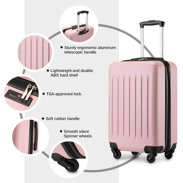 Maleta de cabina Kono, tamaño 64,5 x 43,5 x 25 cm, maleta de viaje rígida de ABS con 4 ruedas, carrito ligero con cerradura TSA, color rosa.