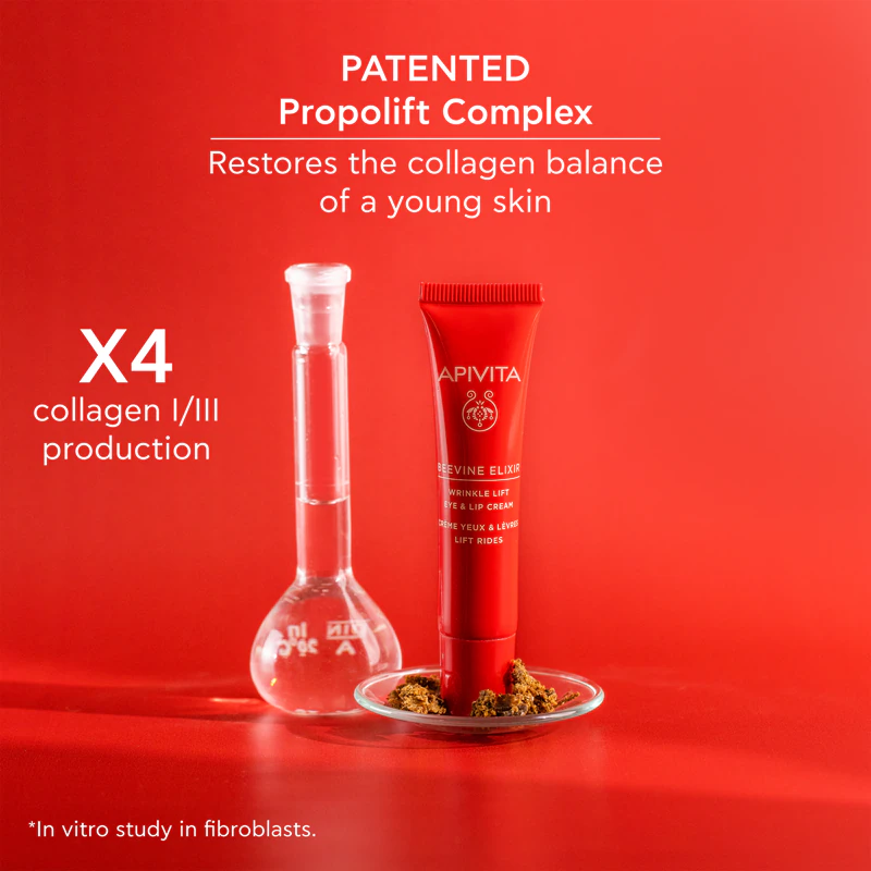 creme para olhos e lábios Apivita Beevine Elixir proporciona um efeito lifting intensivo, combatendo rugas e olheiras.