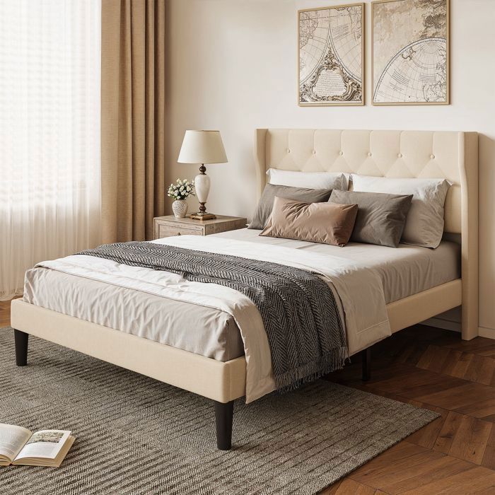 Struttura letto Bealife - 140 x 200 cm - Letto imbottito - Doghe in legno a fuso - Letto singolo - Vano contenitore da 20 cm - Beige