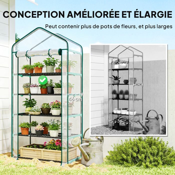 Serre de jardin - Outsunny - PVC - avec étagères 5 niveaux - châssis en acier - porte zippée enroulable - 90x49x193cm - transparent