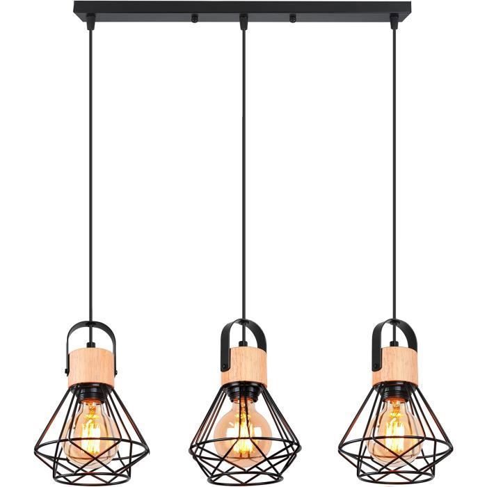 IDEGU 3 Lustres Suspension Luminaire Industrielle, 16CM Vintage Suspension en Fer et Bois Rétro Cage Design Noir pour Salon Chambre