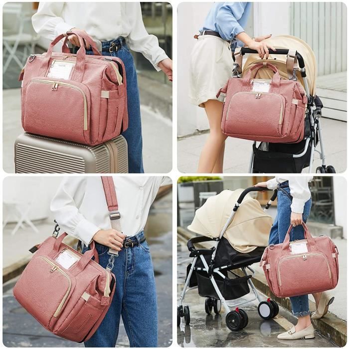 Sac de Messager à Langer pour Bébé, Grande Capacité Sac à Couches Imperméable Lit de Bébé Pliable de Voyage Sac de Voyage,Rose