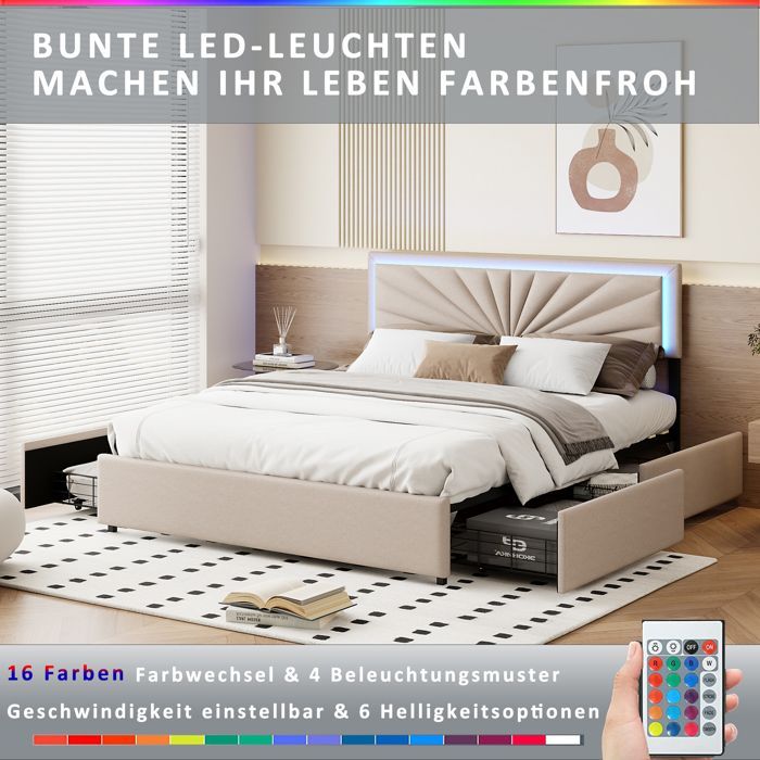 Lit double 160 x 200 cm avec LED et 4 tiroirs, lit capitonné avec tête de lit réglable, sommier à lattes, tissu en lin, beige