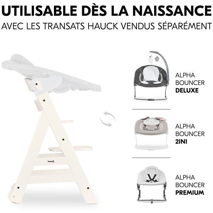 Seggiolone - HAUCK - BETA+ - Regolabile - Da 6 mesi a 90 kg - Legno certificato FSC - Cintura di sicurezza a 5 punti - Ruote - Bianco