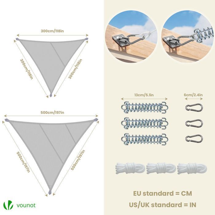 Vela de sombra triangular impermeable de poliéster VOUNOT® con kit de montaje, 5x5x5 m, gris claro.