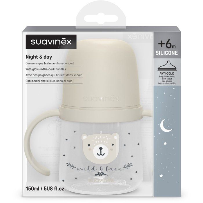Babyfles met handvatten - SUAVINEX - NIGHT&DAY WILD&FREE - 150 ml - 6 maanden en ouder - Grijs
