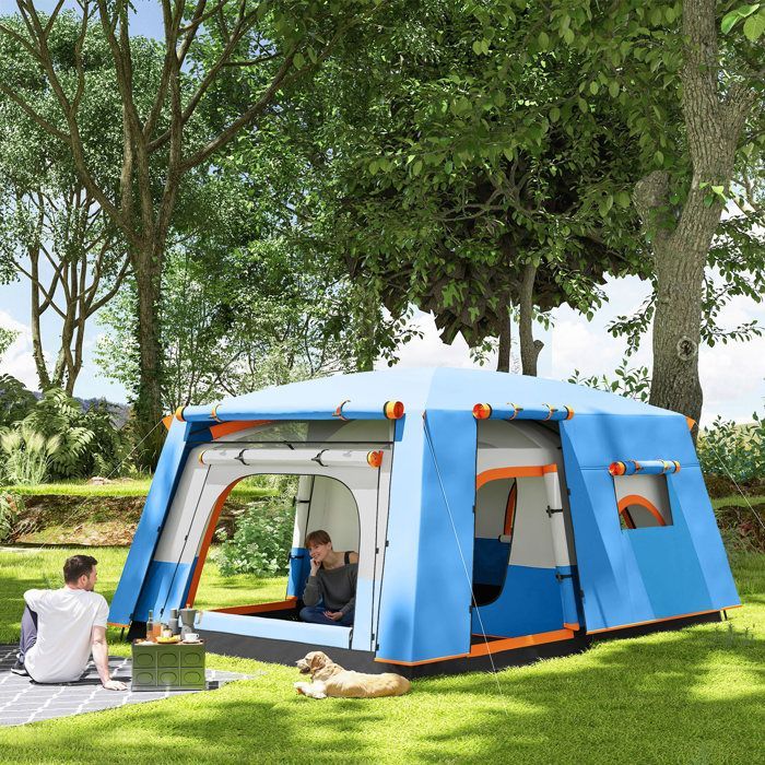 Kampeertent - Outsunny - voor 4-5 personen - waterdicht - deuren + ramen - draagtas - 4,3 x 3 x 1,95 m blauw