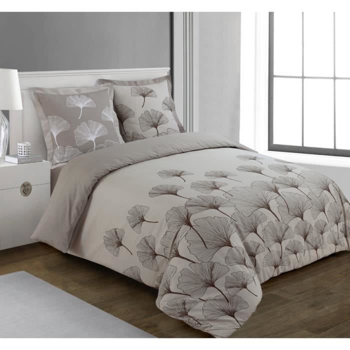 VISION - Jogo de Cama Reversível GINKO - 100% Algodão - 1 Capa de Edredom 240x220 cm + 2 Fronhas 65x65 cm - Bege