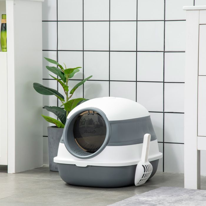 Bac à litière - PawHut - maison de toilette chat pliable porte battante lucarne pelle fournie - plastique - 52x41x38cm - gris blanc