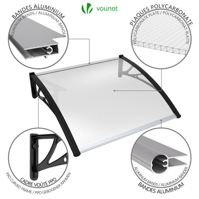 VOUNOT® Marquise auvent de porte d'entrée 100x80cm - Polycarbonate transparent - Anti-UV - Noir