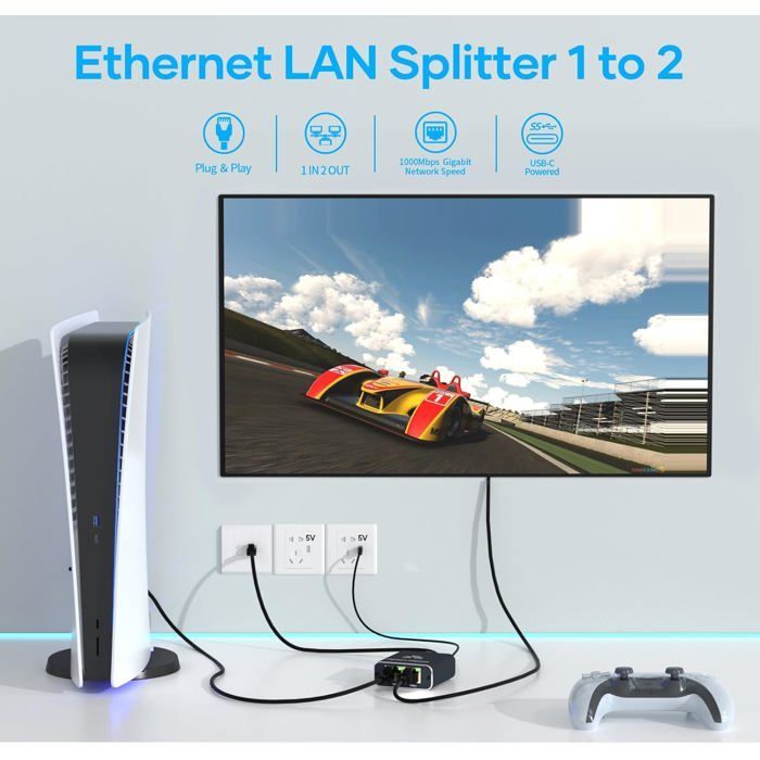 Ethernet-Switch, 1-zu-2-Ethernet-Splitter (1000 Mbit/s), 2-Port-LAN-Switch mit Typ-C-Stromkabel, Netzwerk-Splitter