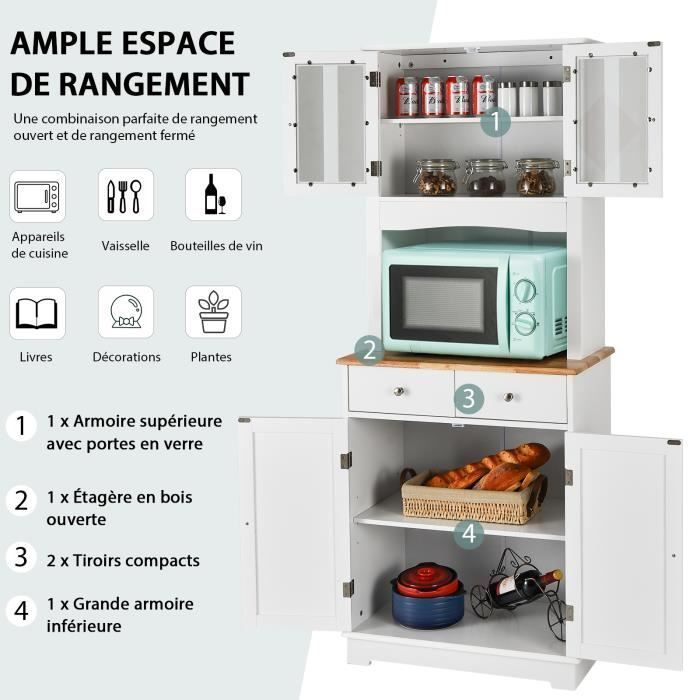 Aparador de cocina COSTWAY con 2 cajones y 2 armarios, 2 puertas de cristal, gestión de cables, estantes ajustables, 68 x 40 x 170 cm