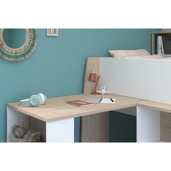 Cama infantil combinada PARISOT con escritorio retráctil - Acabado en blanco y roble - 90 x 200 cm - Base de láminas incluida - THEO
