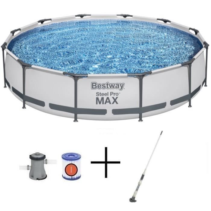 Kit Piscine hors sol tubulaire BESTWAY - Steel Pro Max™ - 366 x 76 cm - Ronde + Balai aspirateur électrique Aquascan