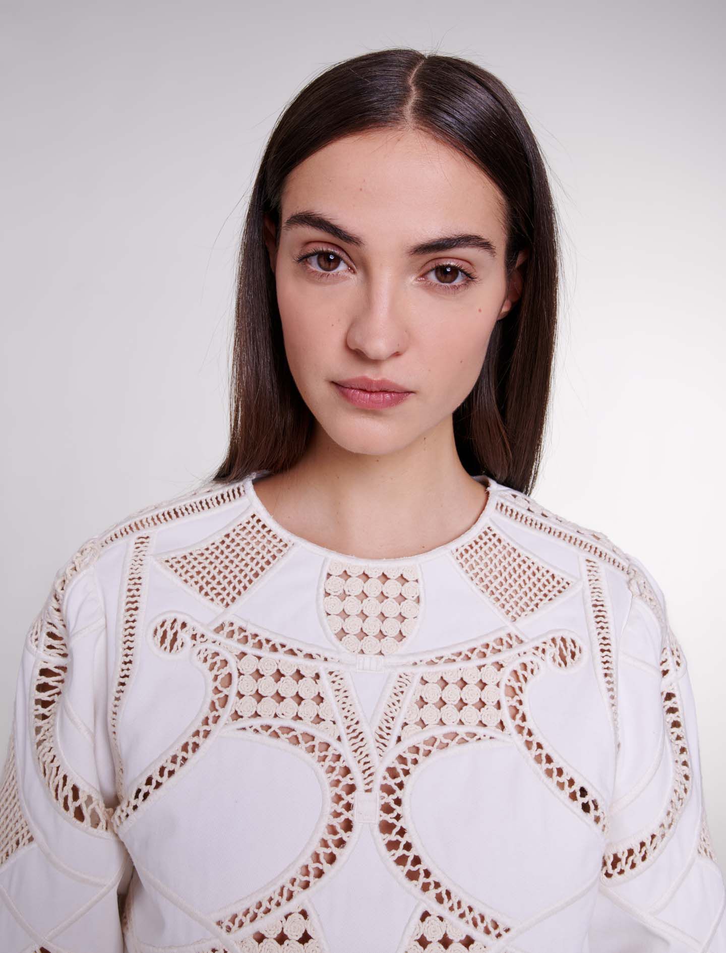 Crop top van katoen met opengewerkt patroon - Gebroken wit