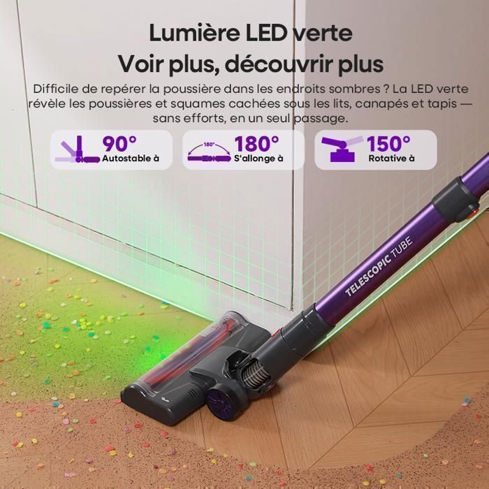 Aspirateur Balai sans Fil Erabros EV3-500W/60Kpa-60Min-Commande du pouce-Auto-Portant-Batterie Amovible-Anti-Emmêlement