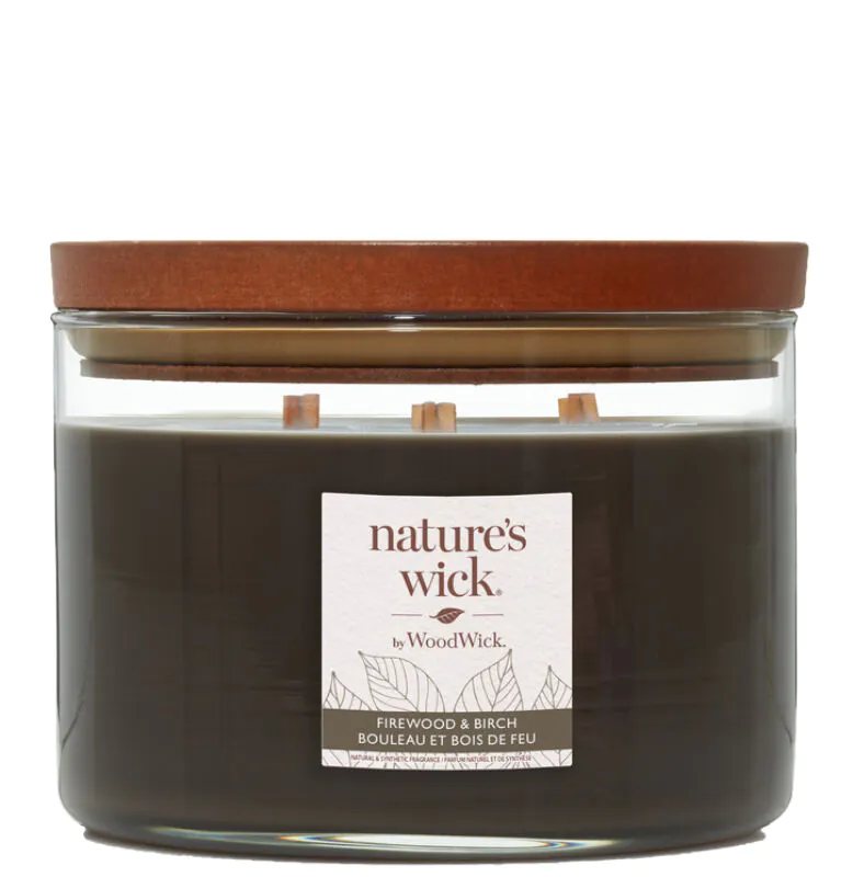 Woodwick Natures Wick Świeca w Szkle z 3 Drewnianymi Knotami Firewood & Birch