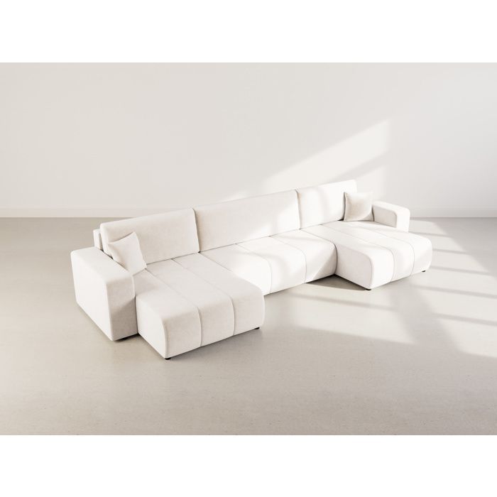 Nicole - Divano letto panoramico a forma di U a 7 posti con contenitore, in tessuto - Beige