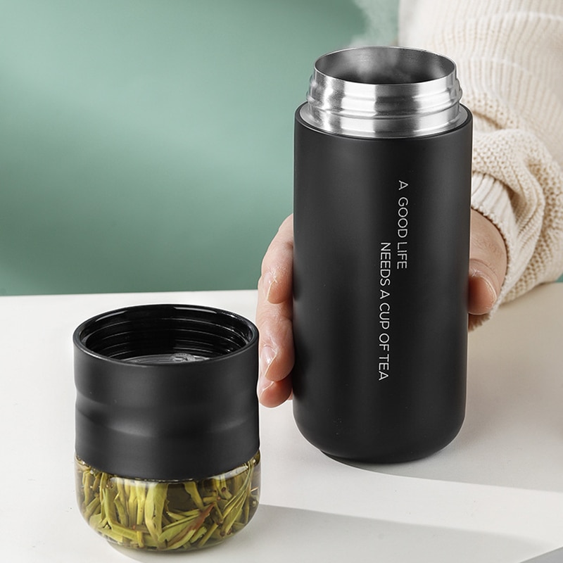 300-ml-Isolierbecher mit Filter, Edelstahl-Teeflasche mit Glaseinsatz zur Trennung von Tee und Wasser, Thermoskanne