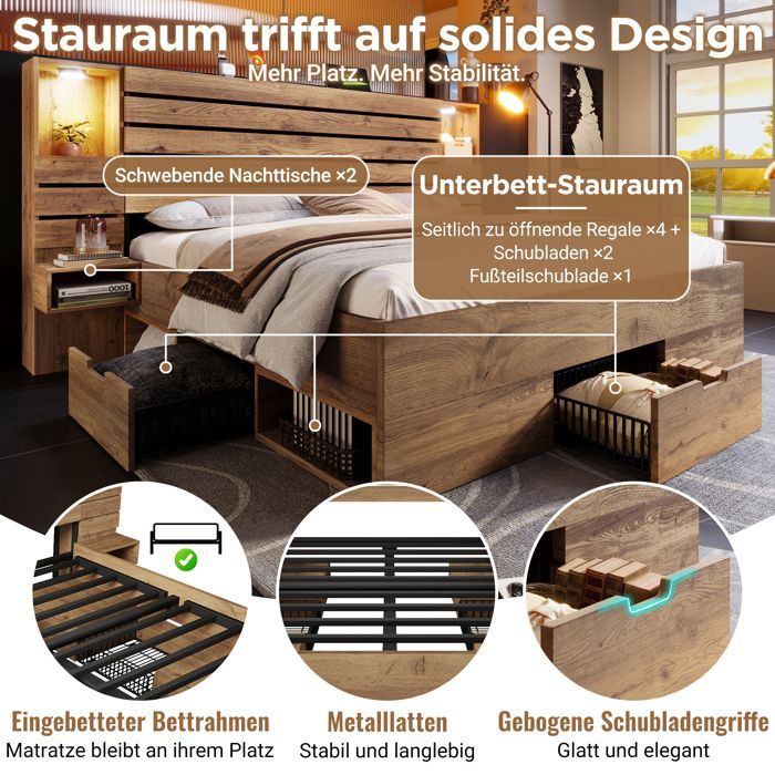 Cama para adultos de 180x200 cm con iluminación LED, puertos USB/Tipo-C, nicho iluminado, 3 cajones, estantes, madera de roble - DESVIAE