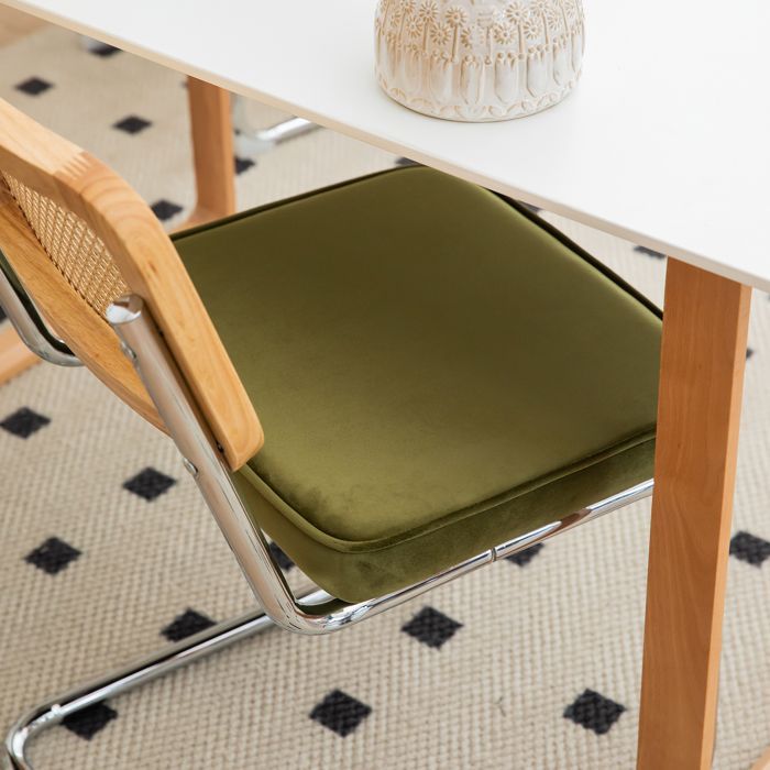 Lot de 2 Chaises Salle à Manger Vert – Velours/Rotin – Piètement Chrome – Style Breuer – 53x46x85 cm
