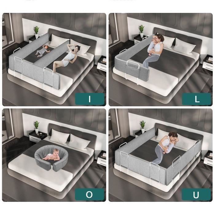 Barandilla de cama deformable ajustable LARS360 de 180 cm, barrera de seguridad para cuna, protección para cama infantil, desmontable y lavable, color gris.