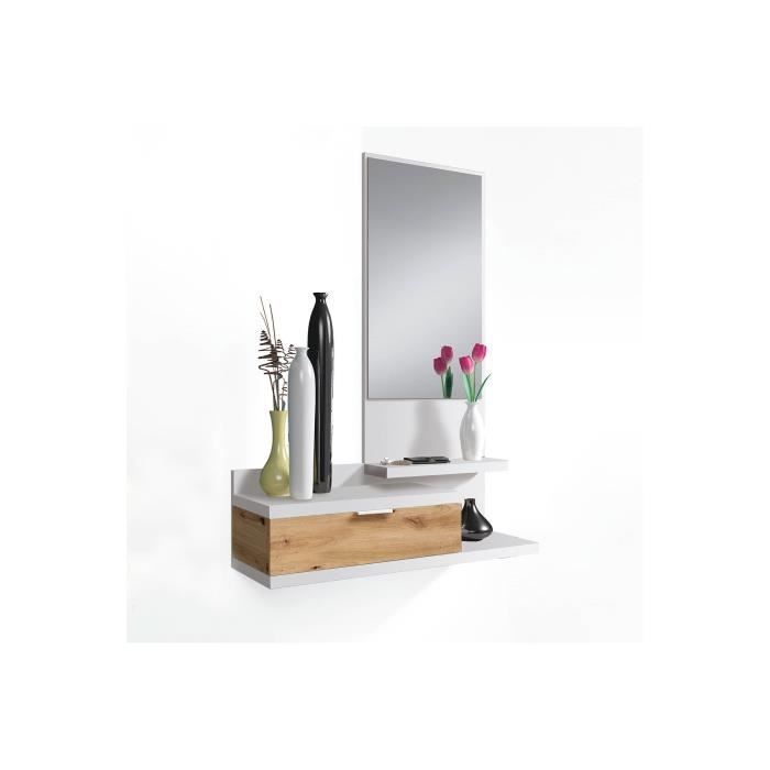 Meuble d'entrée Dahlia avec miroir et tiroir - VMO HOME - Blanc Artik et chêne Nodi