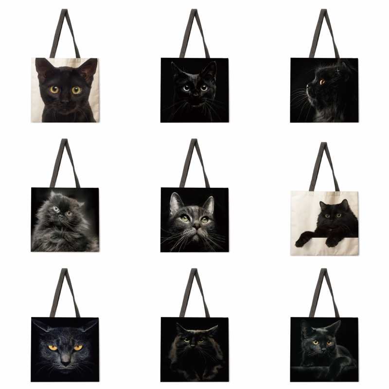 Sac à dos pliable en lin Black Cat pour femme, sac de courses, sac de plage, sac à main, grand sac pour femme